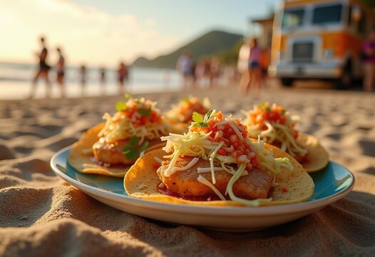 Beachside Food Truck Serving Tasty Fish Tacos with Cabbage Slaw Delight