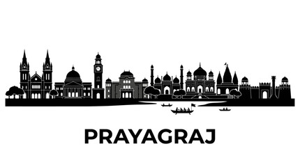 Fototapeta premium Prayagraj City Skyline Silhouette - Iconic Buildings and Ganges River Boats
