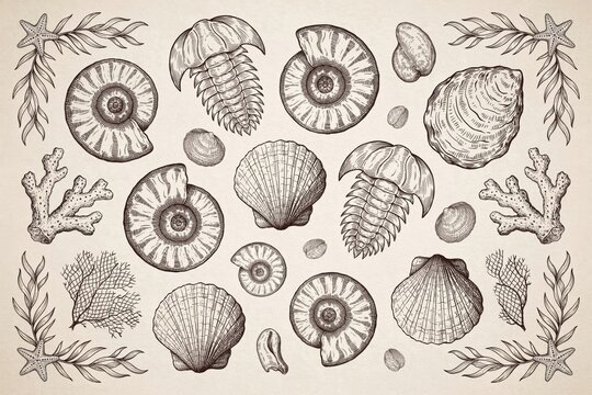 Collection of vintage hand-drawn marine fossils including ammonites, trilobites, seashells, and coral branches on a textured beige background