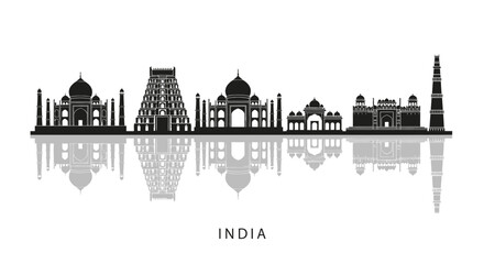 Obraz premium Indian Landmarks Skyline Silhouette | Taj Mahal, Qutub Minar, Temples | India Travel