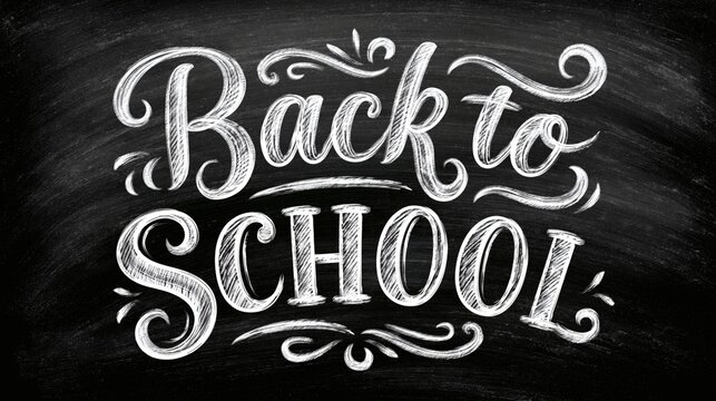 "Back to School" chalk lettering with decorative swirls on black chalkboard background, vintage typography design.