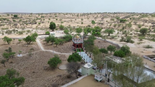 Aerial view of a rural mosque in the Thar Desert, Sindh, Pakistan
