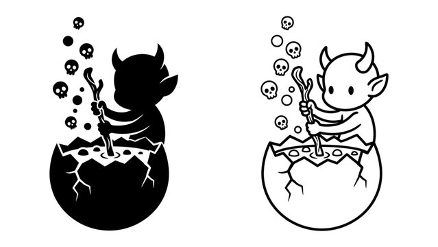 Emergence of Evil: A small, horned creature with a mischievous grin hatches from a cracked egg, stirring a bubbling potion filled with tiny skull icons. The illustration presents a dark.