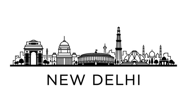 New Delhi Skyline Silhouette - India Gate, Parliament, Lotus Temple