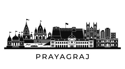 Obraz premium Prayagraj Cityscape Skyline Silhouette, India - Black and White Vector Illustration