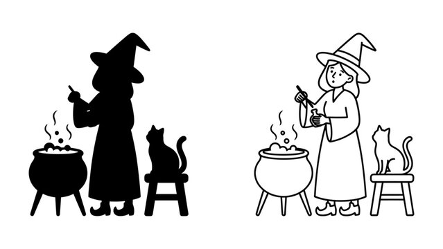 Witch Potion Brewing with Cat Companion: A whimsical illustration depicting a witch in a pointed hat, stirring a bubbling cauldron with a wand, while a black cat sits attentively nearby.