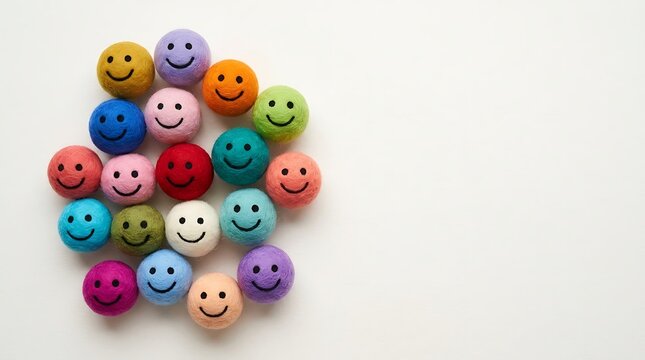 Group of colorful felt balls with happy smiley faces arranged on a white background representing diversity and teamwork