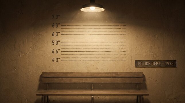 Vintage Police Lineup Wall with Height Chart and Wooden Bench in Dimly Lit Room, Dramatic Spotlight Mugshot Background