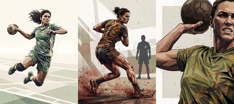 Dynamic retro triptych graphic illustration featuring strong professional female athletes intensely playing competitive handball. Energetic women jumping and throwing a ball in a match.