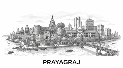 Fototapeta premium Prayagraj Cityscape: Historic Fort and Modern Skyscrapers by River Ganga