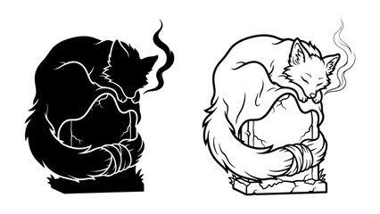 Stylized Fox Sculpture: A striking silhouette and a detailed line drawing of a fox curled up, resting atop a stylized stone pedestal, exuding a sense of calm and mystique. © Raima