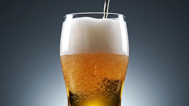 Golden beer pouring into glass, creating foam and bubbles, close-up studio shot.