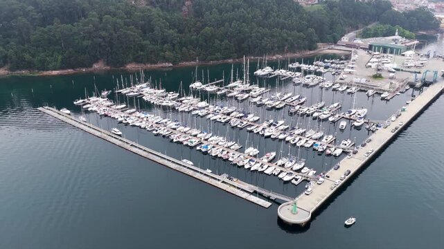 Aerial View of the Real Club N&aacute;utico Marina Slips and Floating Pontoons in the R&iacute;a de Vigo Estuary