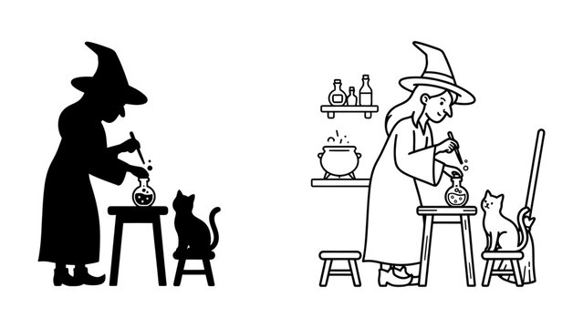 Witch Potion Making with Cat Companion: Two charming illustrations depict a witch in a pointed hat carefully mixing a potion in a flask on a table, with a curious cat observing nearby.