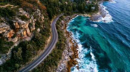 Obraz premium Aerial View of Coastal Road Curving Along Rocky Shoreline with Turquoise Water and Lush Green Forests Captured in Beautiful Natural Landscape
