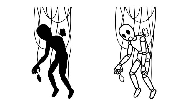 Puppet's Lament: A black silhouette of a puppet hangs limply from strings, accompanied by a white outline illustration of a similarly posed puppet, evoking a sense of despair and control
