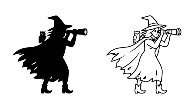 A Witch with Owl on Shoulder Looking Through Telescope: A witch with a cape and pointy hat, accompanied by an owl perched on her shoulder, gazes intently through a telescope.