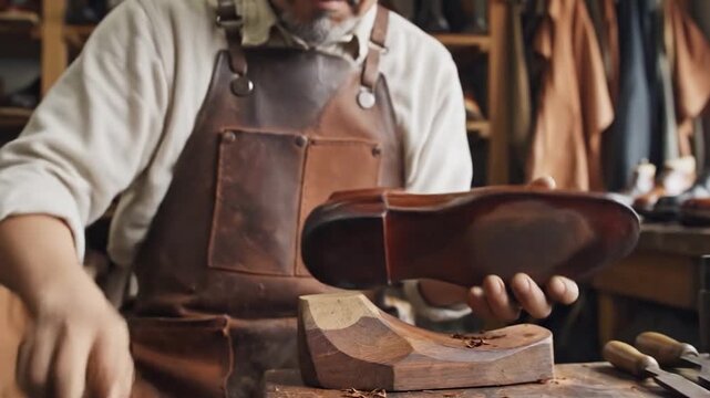 A skilled cobbler mends a leather shoe with patient care