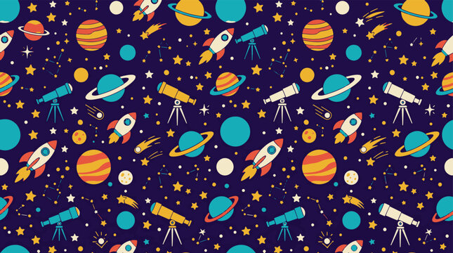 Space pattern with rockets and planets on dark background in flat vector drawing.
