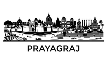 Fototapeta premium Prayagraj India Skyline Cityscape Landmark Architecture Ganga River Boats Silhouette