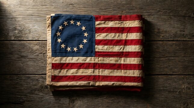 Historical betsy ross american flag with thirteen stars on a dark rustic wooden background. 13 colonies flag