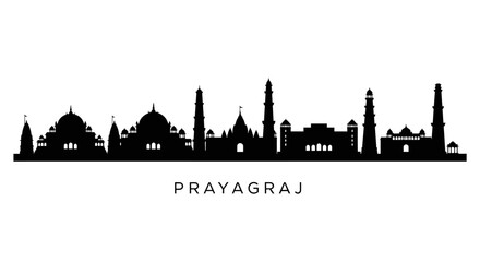 Naklejka premium Prayagraj Skyline Silhouette - Famous Indian City Cityscape Black and White