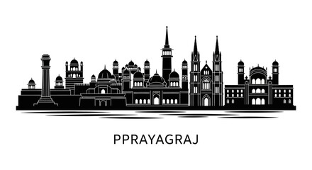 Obraz premium Prayagraj skyline silhouette, Indian architecture, historical landmarks vector art