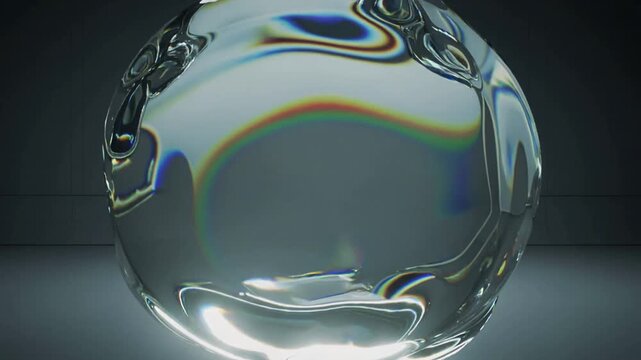 Rotating glassy orb morphing into folds for CGI test, studio chamber light causing prism fringes