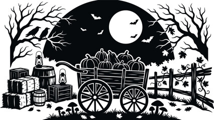 Spooky Autumn Pumpkin Harvest Scene with Full Moon Vector Illustration © Shurma