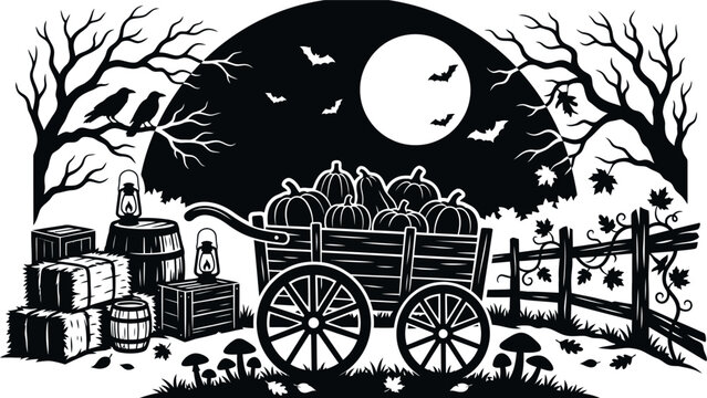 Spooky Autumn Pumpkin Harvest Scene with Full Moon Vector Illustration