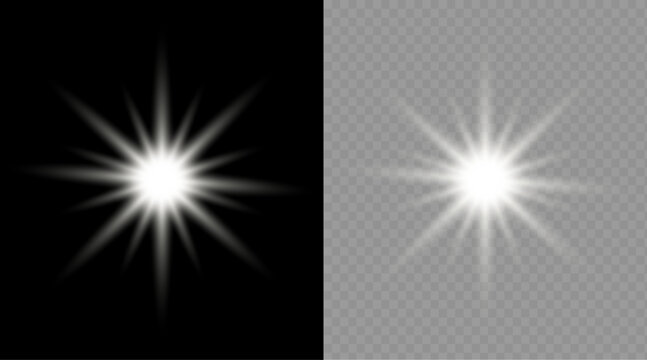 Realistic starburst light effect bright glows for graphic design and visual effects on transparent background.