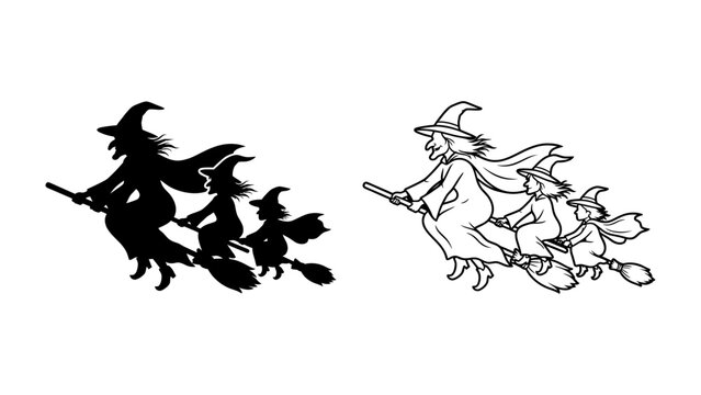 Witches' Flight: A whimsical illustration depicting three witches on broomsticks soaring through the night sky, their silhouettes a stark contrast against a subtle background.