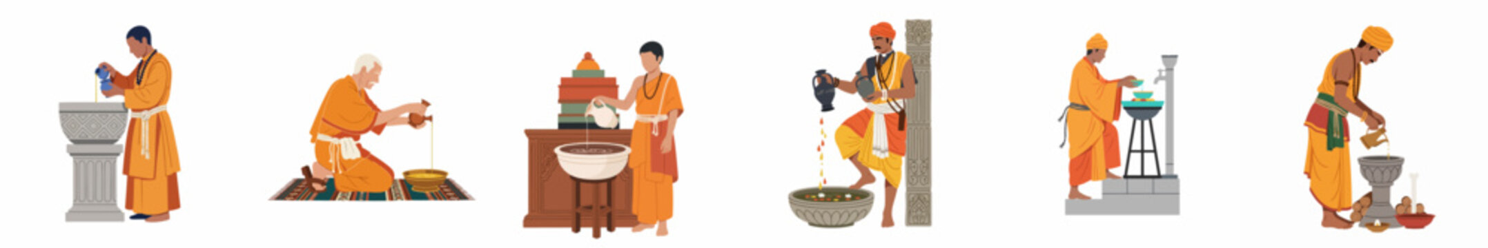Vector illustration collection of monks and priests in traditional robes performing various water and oil rituals, isolated on a white background.