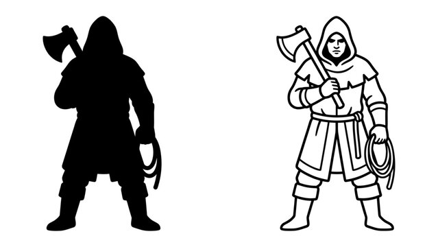 Medieval Executioner Silhouette and Line Art: A stark silhouette and a detailed line drawing of a medieval executioner holding an axe and a rope, ready for duty.