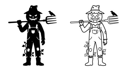 Scarecrow with Pumpkin Head and Crow: A spooky scarecrow with a carved pumpkin head, overalls, and pitchfork stands guard, accompanied by a watchful crow, in a playful yet eerie illustration. © Raima