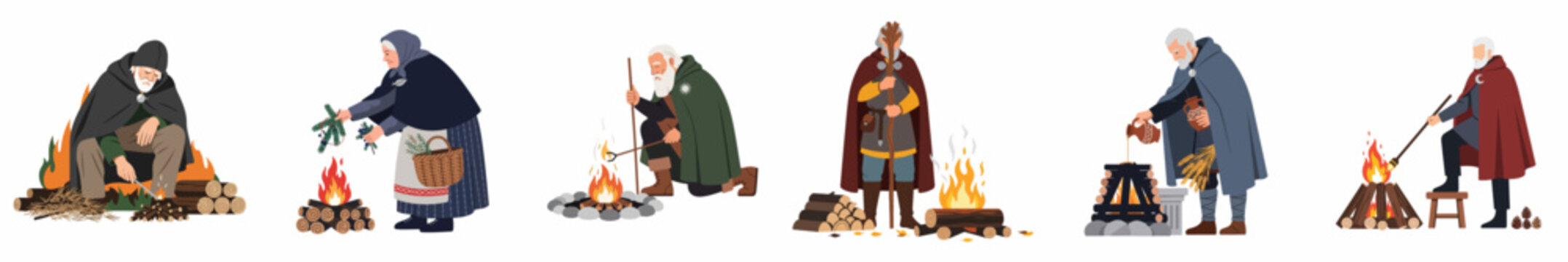 Set of flat vector illustrations featuring medieval druids and elders performing rituals and tasks around campfires, isolated on white background.