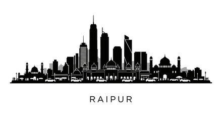 Fototapeta premium Raipur City Skyline Silhouette Black and White with Cars