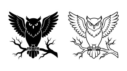Owl Silhouette and Outline: A striking depiction of an owl perched on a branch, presented in both a solid black silhouette and a detailed line art outline. © Raima