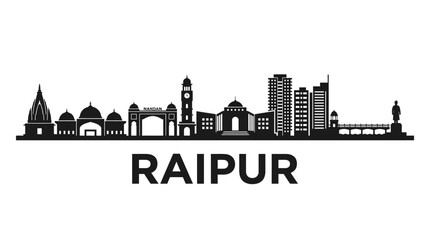 Obraz premium Raipur City Skyline Silhouette Vector Art. Famous Landmark Buildings in India.