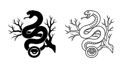 Snake Emblem: A striking illustration featuring a coiled snake around a barren tree branch, with an intricate circular emblem below. Available in both solid black and detailed outline styles. © Jahid