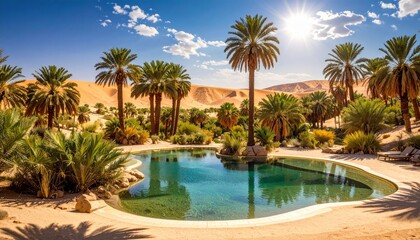 Fototapeta premium Lush desert oasis with palm trees surrounding a tranquil pool under a bright sunny sky