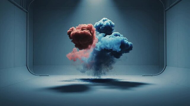 Bursting cloud after spark, emitting red and blue plumes in studio for filming leaving residue