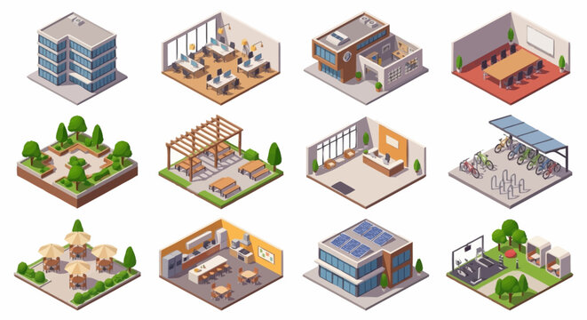 Isometric illustration of modern buildings and houses with green spaces.