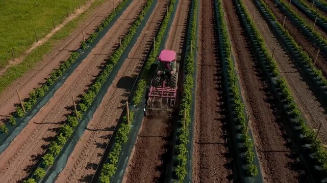 Cinematic aerial drone shot of a red tractor working across a productive agricultural field in the British countryside. Modern farming machinery carrying out field operations, showcasing precision agr