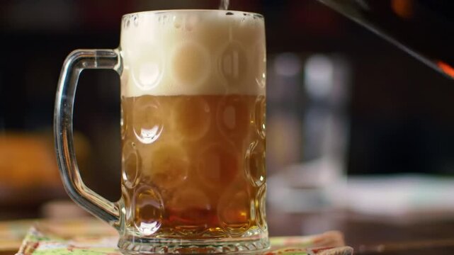 Pouring golden lager beer into a dimpled glass mug, creating foam and bubbles.