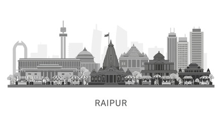 Obraz premium Raipur Skyline - Indian Cityscape Silhouette with Landmark Buildings and Market