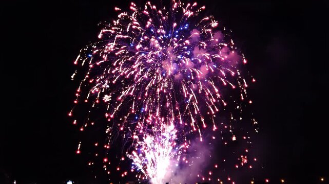 Bright purple and blue firework explosion in the night sky