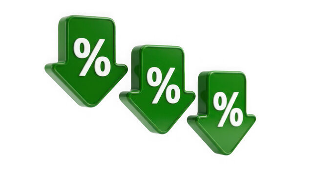 Three green 3d arrows with percentage signs pointing down isolated on transparent background