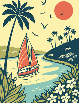 Vibrant Sailboat Sunset Illustration
