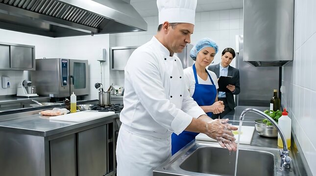 Professional chef washing hands in commercial kitchen with team member observing